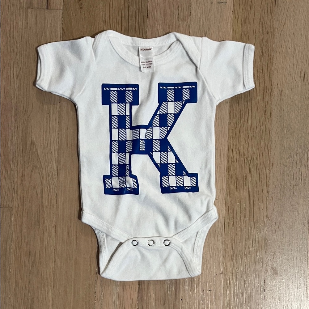 White Baby Onesie with Blue Plaid K, University of Kentucky